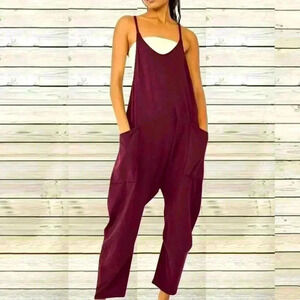 Sleeveless Romper Loose Spaghetti Strap Baggy Overalls Long Pants with Pocket